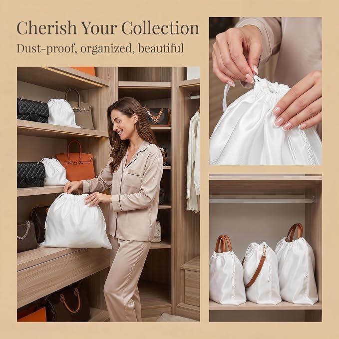 Peohud 9 Pack Dust Cover Storage Bags, Purse Dust Bags with Drawstring, Large Silk Cloth Travel Storage Pouch for Handbags Shoulder Bags Purses Shoes Luggage