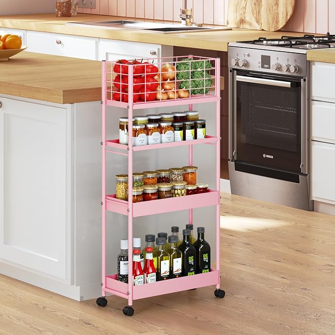 KINGRACK Slim Rolling Storage Cart 4 Tier - Heavy Duty Metal Utility Cart with Raised Edge & Wheels, Narrow Mobile Organizer Shelves for Bathroom, Kitchen, Laundry, Office, Living Room, Pink