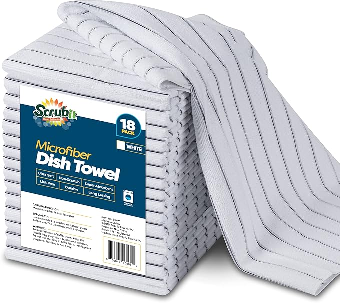 Microfiber Kitchen Towels - [18 Pack], 18" x 26" Microfiber Cleaning Cloth - Soft, Absorbent & Durable Dish Towels for Washing Dishes – Grey and White Microfiber Towel & Cleaning Rags (White, 18)