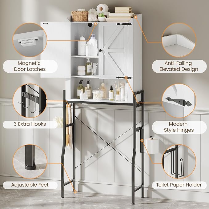 Memobarco Over The Toilet Storage Cabinet with 2-Door & Metal Stand, White | Toilet Paper Holder, 3 Extra Hooks, Anti-Tipping Device, With Adjustable Shelves, for Bathroom, Restroom, Laundry