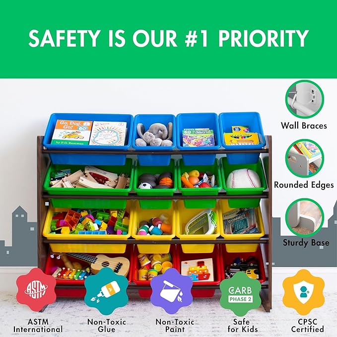 Humble Crew Toy Storage Organizer with 16 Removable Storage Bins for Kids Playroom, 4-Tier Toddler Toy Organization and Storage, Walnut/Primary