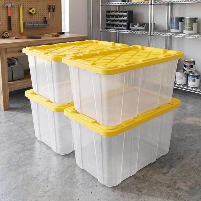 Large Industrial Storage Bins with Lids, 27 Gallon Clear Plastic Tote for Garage & Basement, Heavy Duty Stackable Totes for Storage and Organization, Yellow, 4-Pack