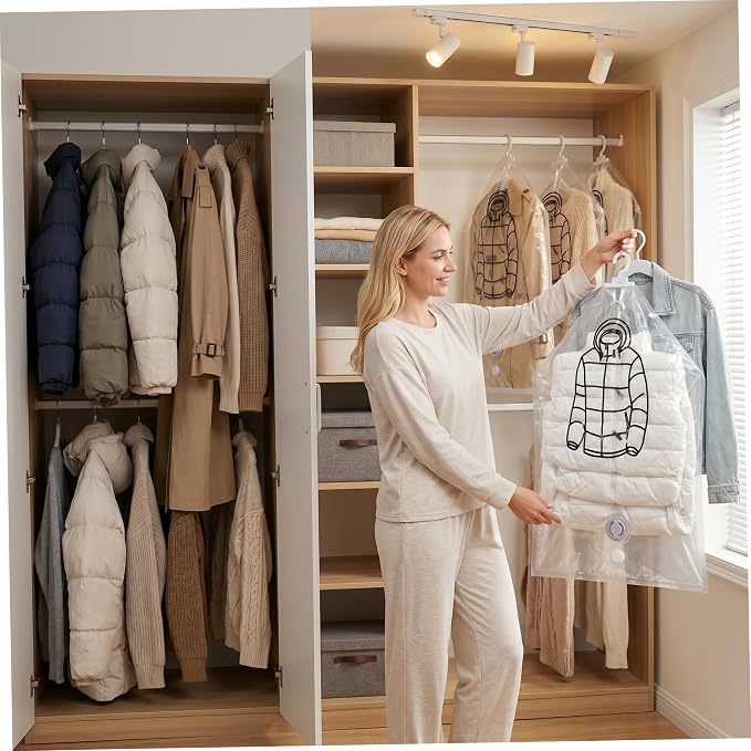 6PCS Hanging Vacuum Storage Bags, Transparent Thick Space Saver Bags, Reusable Compressed for Suits, Dress, Jackets.