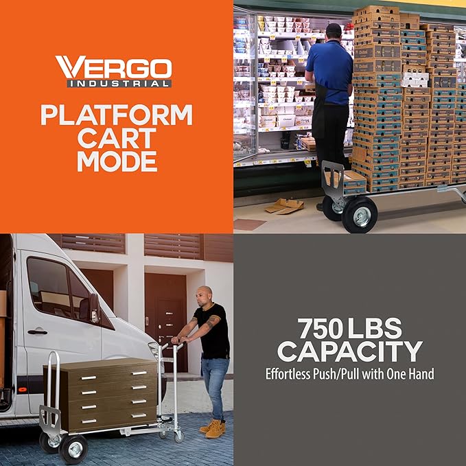 Vergo Industrial Convertible Hand Truck - AS7A2 Heavy Duty Aluminum 3 in 1 Dolly (750 lb Capacity) Lightweight Frame, Ergonomic Handle, Extendable Loop, Versatile Moving Cart (3 Positions, 53" High)