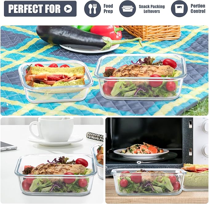 6pack Glass Meal Prep Container, Food Storage Containers with Airtight Lids | Glass Lunch Containers with Airtight Lids, Microwave to Freezer Safe, Dishwasher Safe