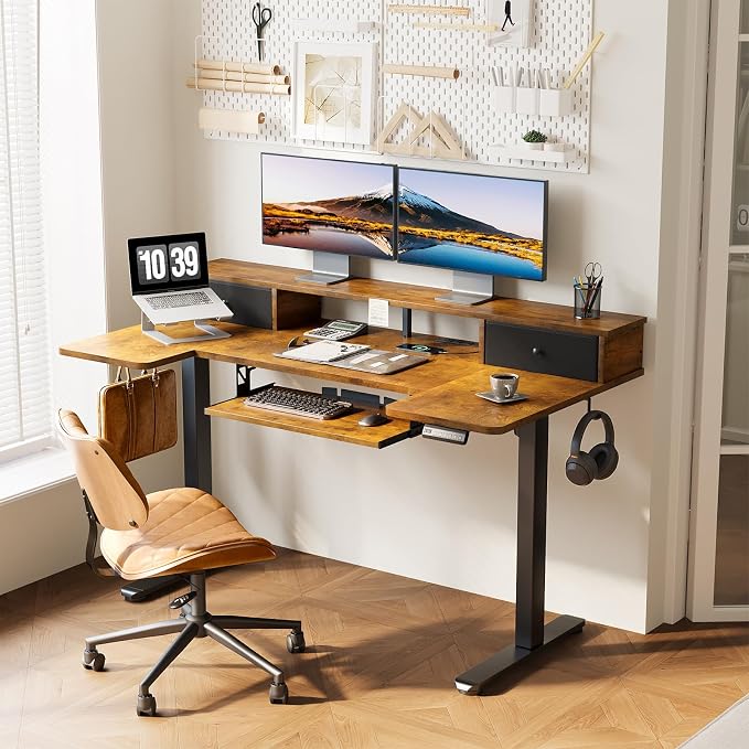 OffiGo 55 Inch U Shape Standing Desk, Keyboard Tray & Drawers, Rustic Brown | 3 Outlets & 2 USB Ports, Dual-Monitor Stand, 10 Colors & 10 LED Modes, 3 Presets, 28.3"-46.5"in Range, 154 lb Capacity
