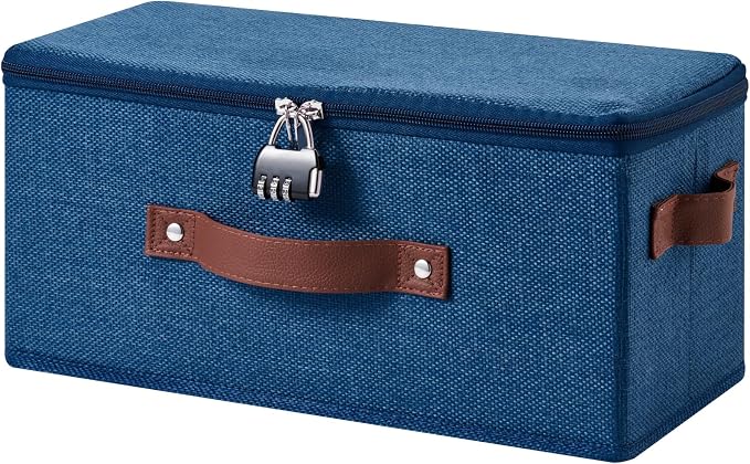 Storage Bins Boxes with Zipper Lid Combination Lock PU Leather Handles Cotton Linen Fabric Lockable Baskets DVD CD Case Foldable Closet Shelf Organizer Container (Deep Blue, 13"x 6"x 6")