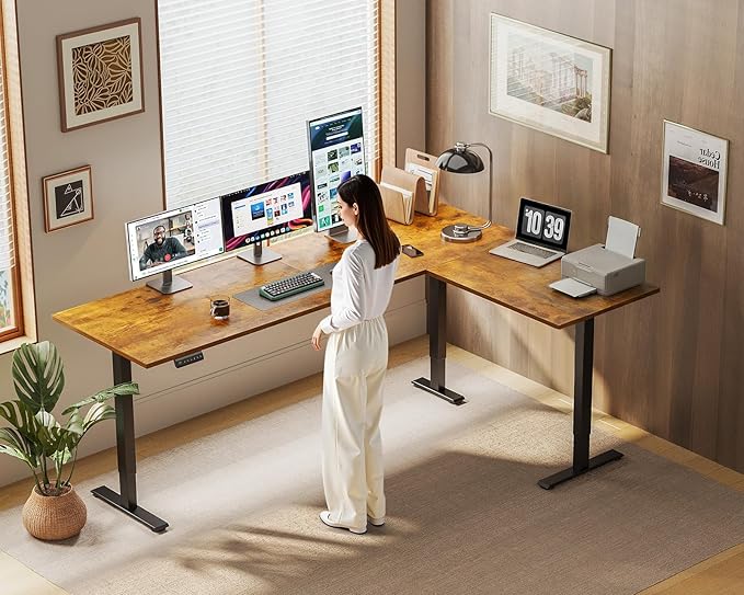 OffiGo 71 Inch Reversible L Shaped Electric Standing Desk, Rustic Brown | Large Corner Height Adjustable Stand Up Desk, 3 Memory Presets, Sit Stand Table, Reinforced Frame for Home Office Workstation