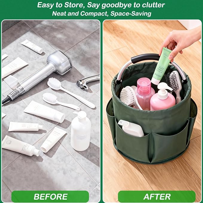 17L Foldable Cleaning Caddy with Handle, Cleaning Supplies Organizer Storage Basket with 6 Side Pockets, Portable Multi Cleaning Bucket Bag for Home Garden Bathroom Camping (Green)
