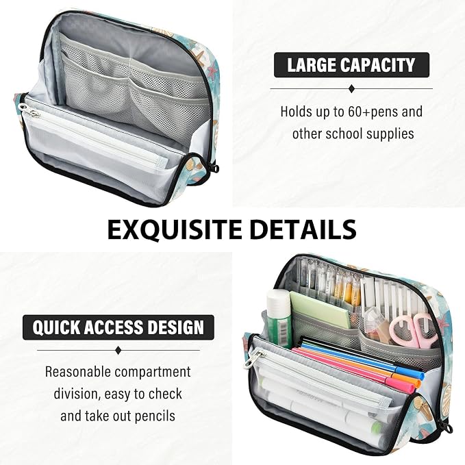 Wusikd Pencil Pouch Storage Pouch Seashells Pencil Case Large Capacity Desk Organizer Stationery Makeup Bag Marker Starfish Big Pen Case for Teen Boys Girls School Students