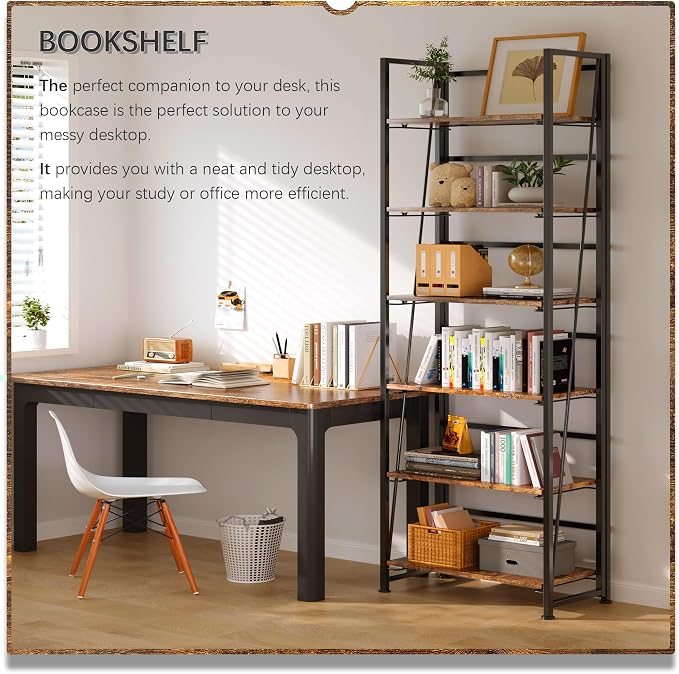 4NM No Assembly Folding Bookshelf, 6-Shelf 74" H Collapsible Foldable Bookcase Storage for Small Spaces, Rustic Brown and Black