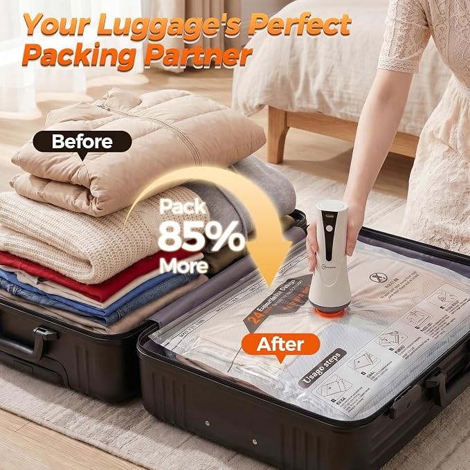 Vacuum Seal Bags for Clothing Travel with Electric Pump,16 Pack | Fits Carry-On, Luggage, and Suitcase | Reusable Airtight Seal Prevents Leaks | Save 85% Volume for Clothes & Bedding