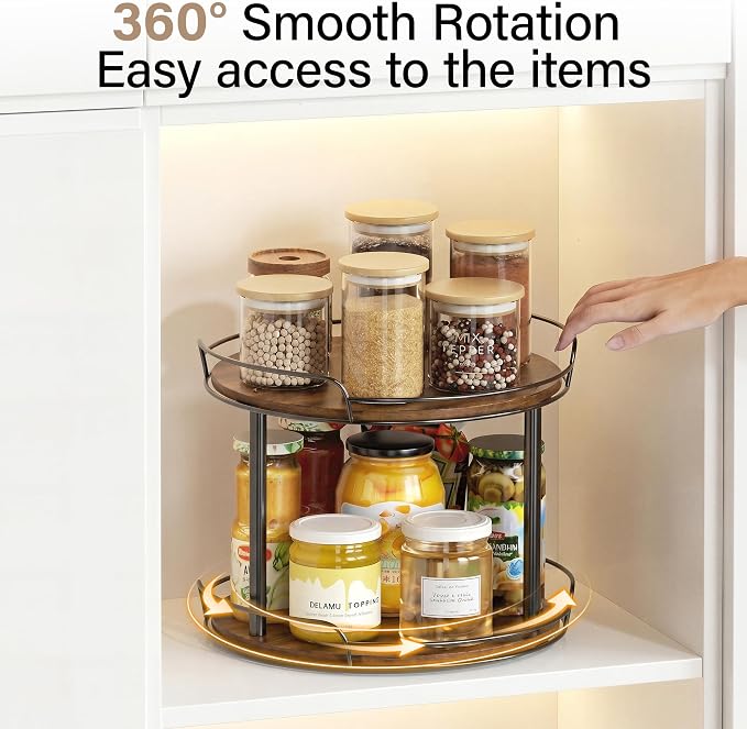 10'' Rotating Spice Rack, 2-Tier Lazy Susan Turntable Organizer | Wooden, for Cabinet, Table Top, Kitchen Countertop, Pantry, Bathroom, Vanity, Home Decor