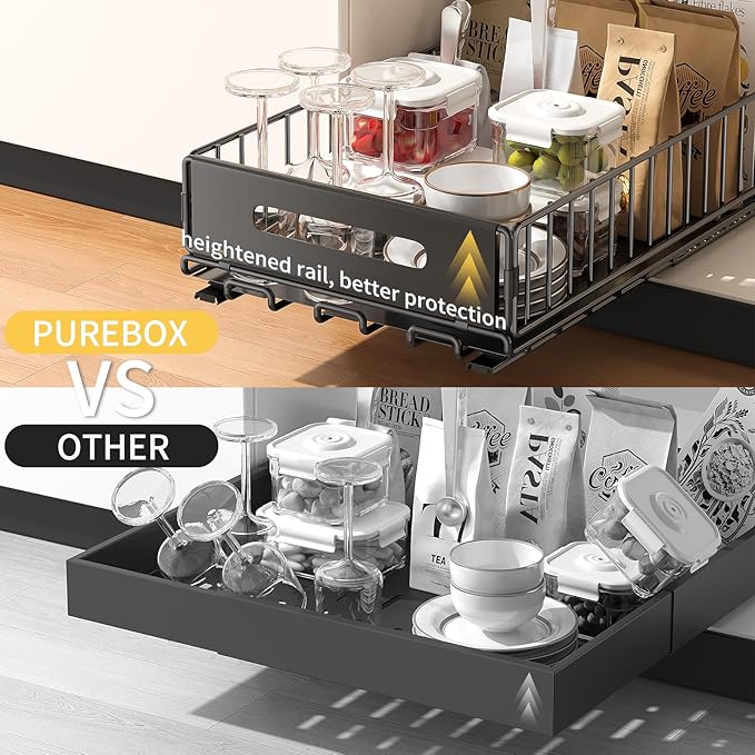 PureBox Pull Out Cabinet Organizer, Slide Out drawers for cabinets, Heavy Duty Carbon Steel Roll Out Shelves for kitchen, bathroom, pantry (14.7’’-23.1’’ Slide, Adhesive & Screw), Black (1)