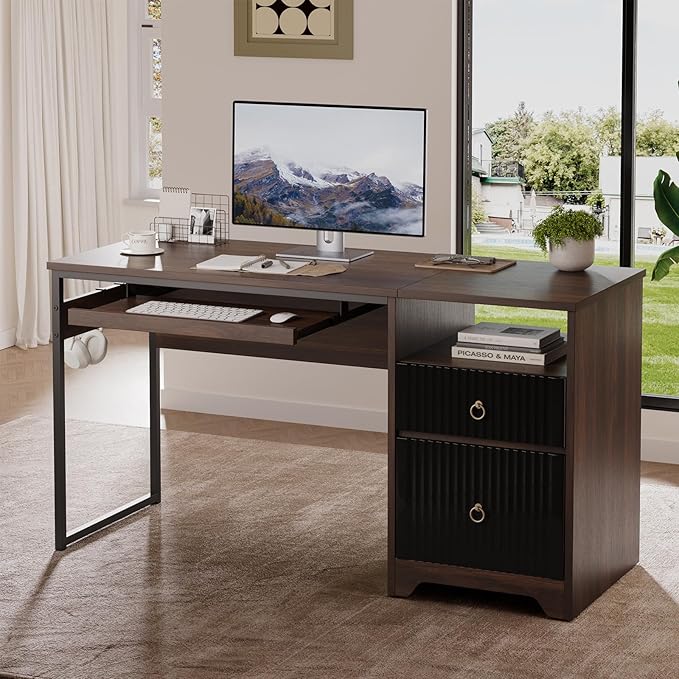 Bestier 55 Inch Wood Computer Desk with File Drawer & Keyboard Tray, Cherry | Fluted Panels, Ring Handles, File Drawer Letter/Legal, Storage Drawer, Keyboard Tray, Reversible, 2 Hooks, 150 Lbs, P2 Board