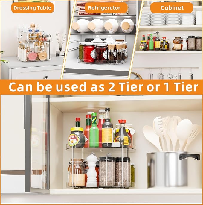 Yieach 2 Tier Pantry Lazy Susan Organizer,12″x10″ Square Turntable Organizers for Kitchen Cabinets & Pantry Storage,Tiered Spice Rack,Jars,Canned Goods,Seasoning Shelf,Can Organizer for Inside Cabinet