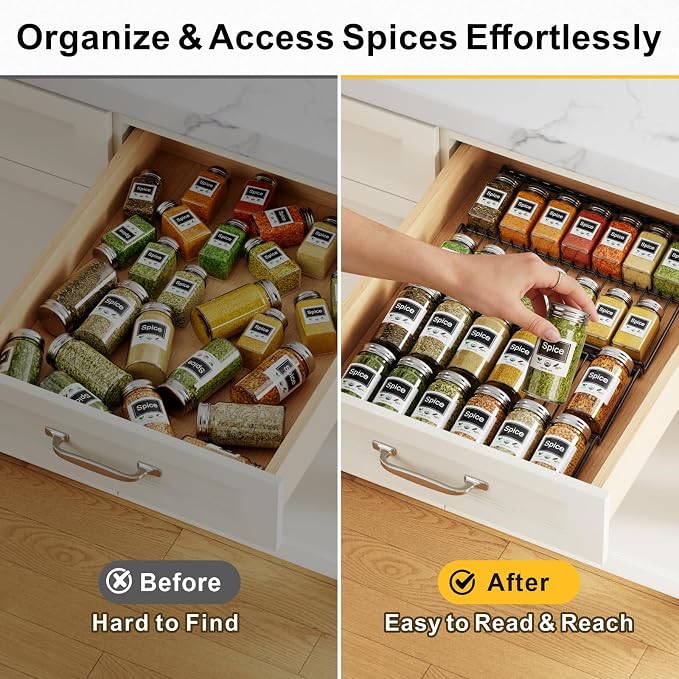 iSPECLE 2 Pack Spice Drawer Organizer Insert - Low Profile Rack for Jars | Step Tiered for Label Reading Access, No Slip No Rattle Oil-Resistant Carbon Steel, Spice Sorting and Daily Cooking Use