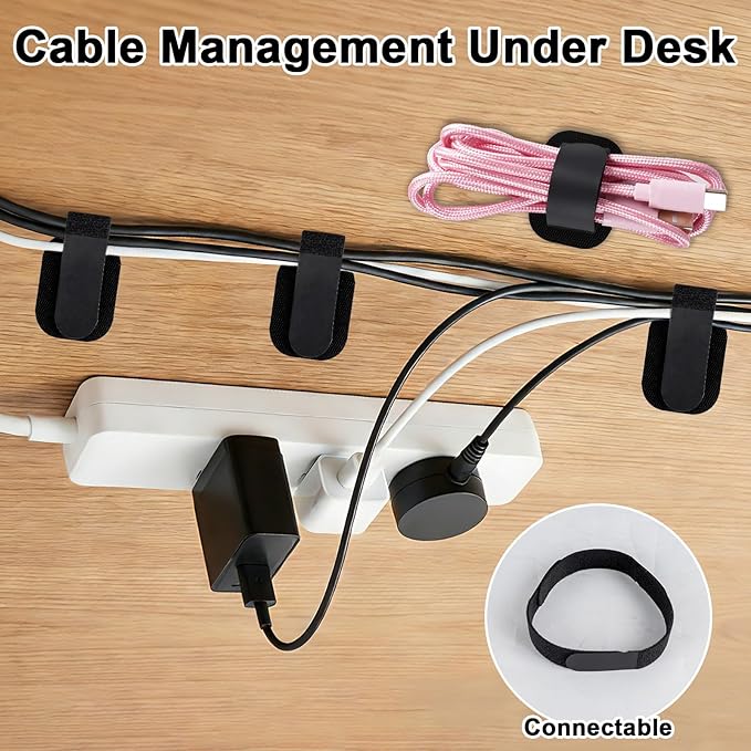 Cable Management Under Desk,Detachable Cable Management,Adjustable Hook and Loop Cable Ties,Reusable Cable Management Under Desk,Cable Clips Under Desk,20Pack(Black)