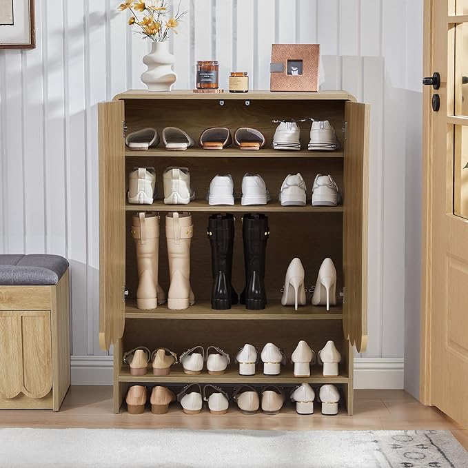 ORRD Shoe Storage Cabinet with Scalloped Doors, 5-Tier Wooden Shoe Cabinet with Adjustable Shelves, Shoes Rack Storage Organizer for Entryway, Hallway, Living Room, Natural