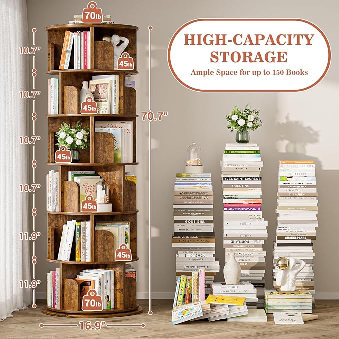 Aheaplus 6 Tier Rotating Bookshelf, Wood Spinning Bookshelf Tower, Round Revolving 360 Bookcase, Narrow Turning Book Shelf Rolling Corner Organizer for Small Space, Bedroom, Office, Rustic Brown