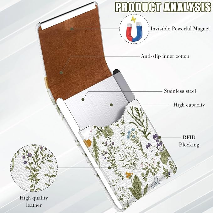 2Pack Leather Stainless Steel Business Card Holder, Metal Slim Business Card Case for Women or Men, Pocket Business Card Carrier with Prints, Magnetic Closure, RFID Blocking