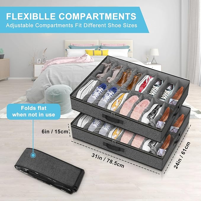 Under Bed Shoe Storage Organizer for Closet, 24 Pairs Sturdy Underbed Shoe Storage Boxes Bins Container Foldable Shoes Storage with Reinforced Handles & Clear Window for College Dorms Grey, Set of 2