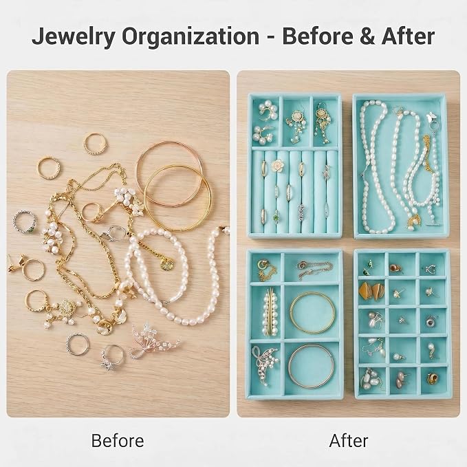Stackable Jewelry Organizer Trays for Drawer, Set of 4 Velvet Jewelry Drawer Inserts in Dresser, 8in Storage Display Case for Rings Stud Necklaces Accessories(Blue)