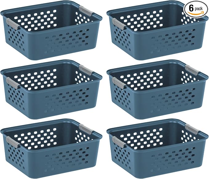 IRIS USA 6-Pack, Medium Plastic Storage Basket, Navy | Organize pantry items, office supplies, crafts, accessories, and household essentials with easy-carry storage for shelves