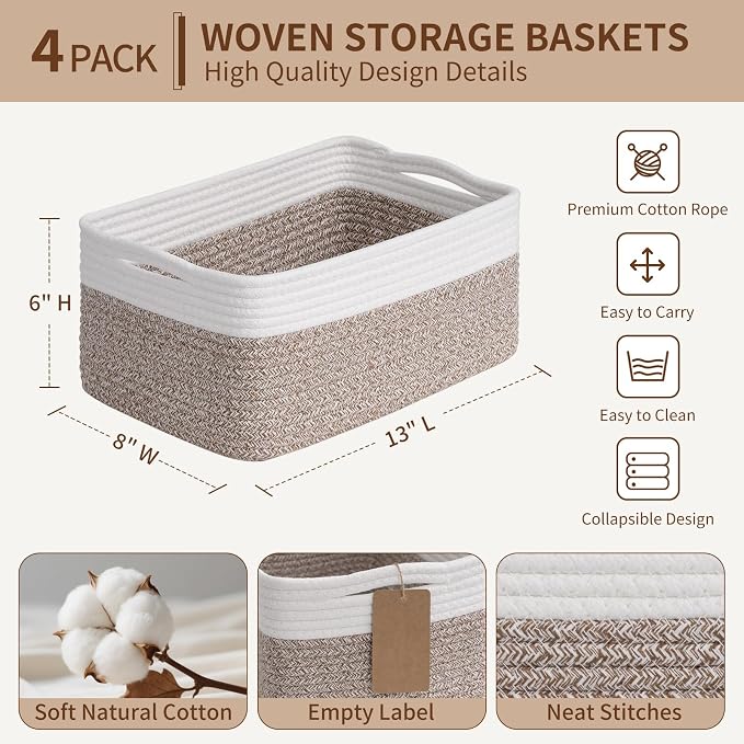 Goodpick 4 Pack Storage Baskets for Shelves, Rectangle Cotton Rope Baskets for Organizing, Woven Storage Basket for Baby Toys Diapers, Decorative Shelf Basket for Gifts, 13''L x 8''W x 6''H