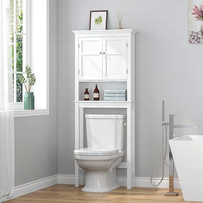 UTEX Over the Toilet Storage Cabinet with Doors and Adjustable Shelf, White | Open & Hidden Bathroom Storage, Anti-tip Bracket, Adjustable Lower Crossbar, 33-Inch Clearance, FSC-certified Engineered Wood