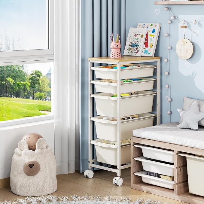 Slim Rolling Storage Cart with 5 Drawers, Craft Organizer, Wooden Tabletop Utility Cart for Bedroom, Children's Room and Office Organization, Table Side Trolley with Lockable Wheels, White
