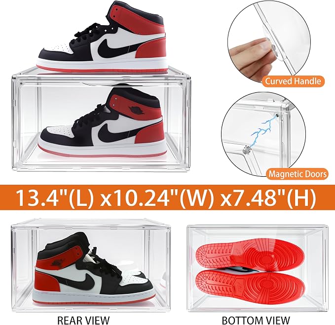 Clear Acrylic Shoe Boxes Stackable, Magnetic Clear Shoe Storage Boxes Fits Men’s US Size 12.5, Acrylic Sneaker Display Organizer, Drop Side Shoe Containers for Entryway & Sneaker, 1 Pack