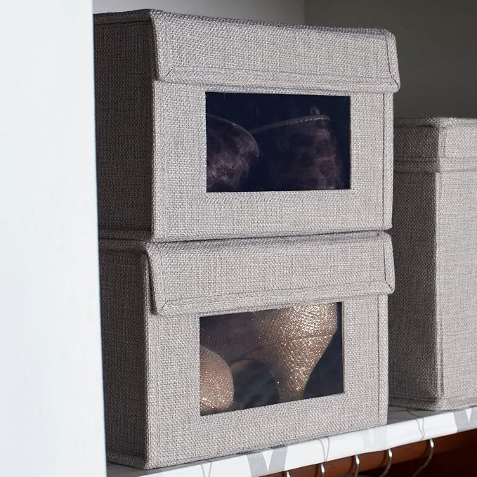 Household Essentials Small Drop Front Shoe Box with Clear Front Panel, Sturdy Poly‑Blended Linen, Gray Finish, Set of 2