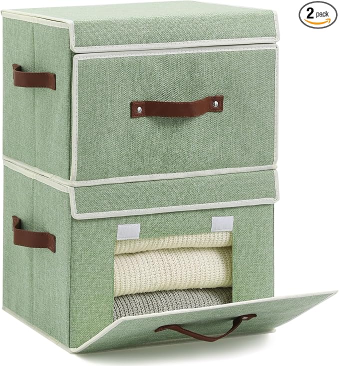 2PCS Storage Bins Box with Lids Front Opening Window Decorative Cotton Linen Fabric Basket PU Leather Handles PP Board Foldable Washable Shelf Closet Organizer Container (Light Green, Large)