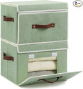 2PCS Storage Bins Box with Lids Front Opening Window Decorative Cotton Linen Fabric Basket PU Leather Handles PP Board Foldable Washable Shelf Closet Organizer Container (Light Green, Large)