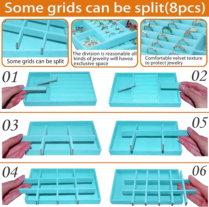 8 Pcs Velvet Jewelry Tray Stackable Jewelry Drawers Organizer Trays Rings Earrings Bracelet Organizer (8.2" x 5" x 1")