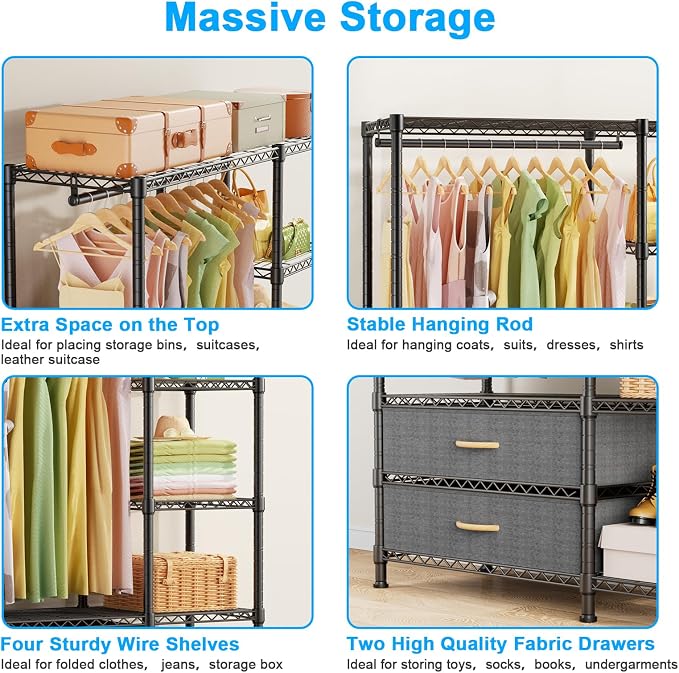 Ulif F3 Heavy Duty Clothes Rack（With Fabric Drawers）Freestanding Clothing Racks for Hanging Clothes，Adjustable Closet Organizer System，Portable Garment Rack 40" W x 15" D x 72" H，Max Load 700LBS，Black