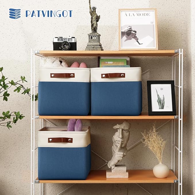 Patvingot 4-Pack Foldable Fabric Storage Cubes 11x11 Inch, Sturdy Cube Organizer Bins with Leather Handles, Storage Baskets for Closet Shelves and Home Organization(White/Blue)
