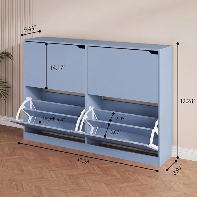 Shoe Storage Cabinet, Wood Shoe Organizer for Entryway with 3 Flip Drawers, Freestanding Shoe Rack with Adjustable Shelf, Narrow Shoe Dresser for Front Door Entrance (Blue, Standard 4 Drawers)