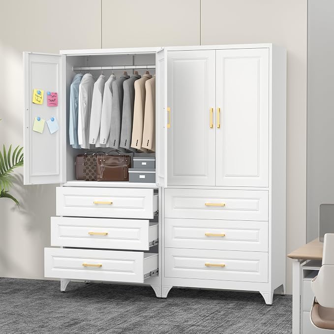 Polup Metal Armoire Wardrobe Closet with Three Drawers, 71“ Tall Large Wardrobe Cabinet with Hanging Rod, Freestanding Wardrobe Cabinet with Doors for Bedroom, White, Assemble Required