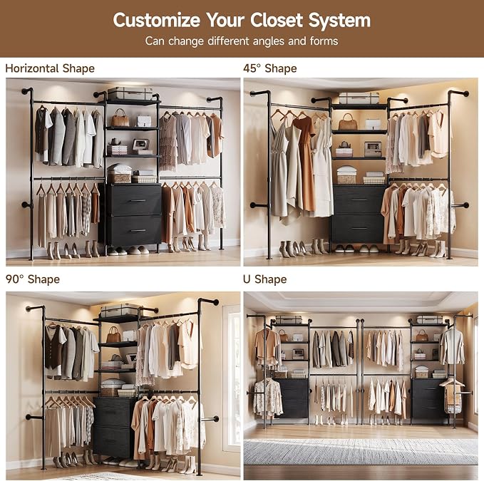 ONBRILL T3 Wall Mounted Industrial Pipe Closet Organizers Storage System | Metal Clothing Rack with 2 Drawers, 6 Wooden Shelves & 4 Expandable Rods, Heavy Duty Garment Rack, Wardrobe (Black)
