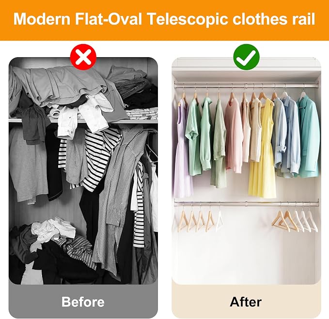 Closet Rods for Hanging Clothes, 20 to 35 Inches Stepless Extendable Stainless Steel Closet Pole, Heavy Duty Clothes Rod for Closet Wardrobes Laundry RV, Flat Oval, Chrome