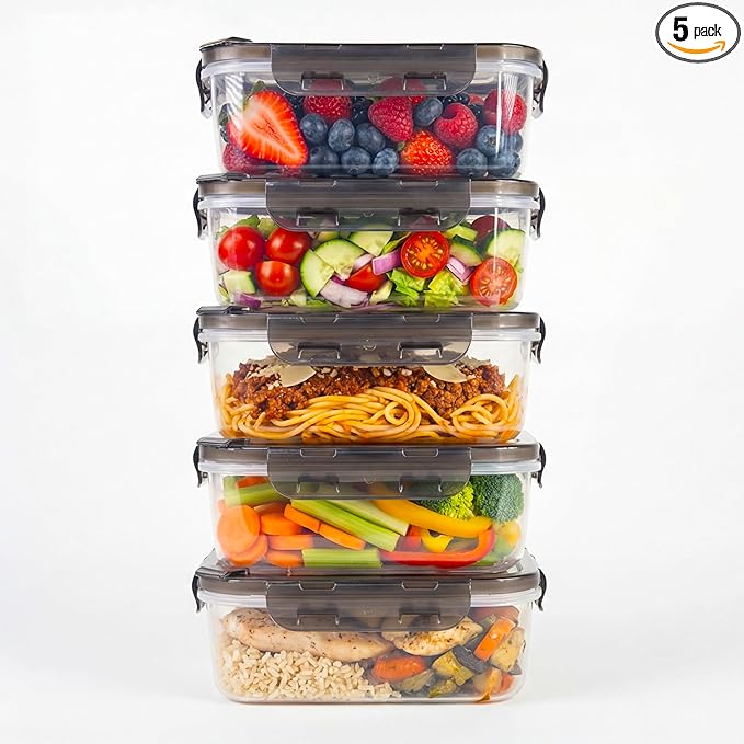 BPA-Free Plastic Airtight Food Storage Containers with Vented Lids, 5-Pack (3.4 Cups Each) for Meal Prep and Leftovers