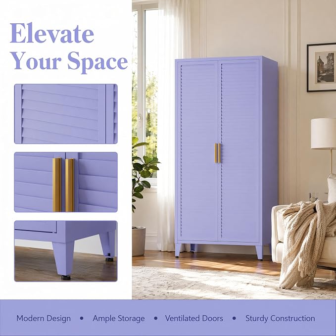 2 Door Tall Metal Storage Cabinet with 3 Adjustable Shelves,61'' Steel Locker Storage with Metal Handles and Elevated Legs,Multifunctional Storage Armoire for Home Bedroom Living Room Entryway(Purple)