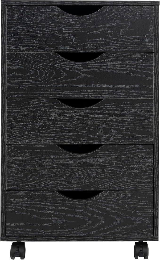 Naomi Home 5-Drawer Rolling Chest, Distressed Black, Smart Storage with Metal Slide Glides & Smooth Wheels, Compact Space-Saver, Easy Assembly, Durable Engineered Wood