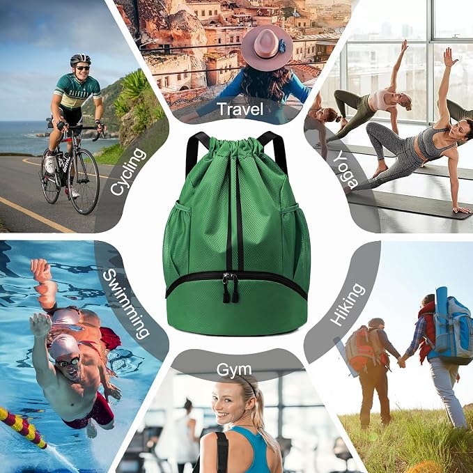 Hoedia Sports Drawstring Backpack - String Swim Gym Bag with Shoes Compartment and Wet Proof Pocket for Women/Men (Dark Green)