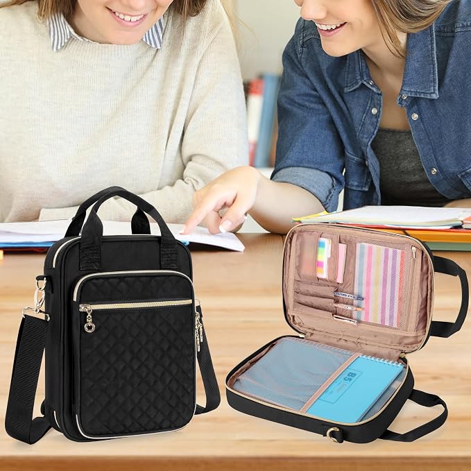 Teamoy Journal Supplies Storage Case, Planner Bag with Pen Slots, Black | Quilted Stationery Bag with Shoulder Strap, Travel Organizer Holder for B5 Notebooks, Planner, Pens, and Journal Accessories