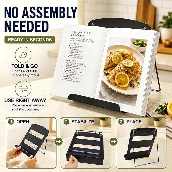 Cookbook Stand for Kitchen Counter,Metal Recipe Book Holder with Hooks,Foldable Reading Rack for Textbooks,Tablets and Magazines,Space Saving Carbon Steel Stand with Non Slip Pads,Black