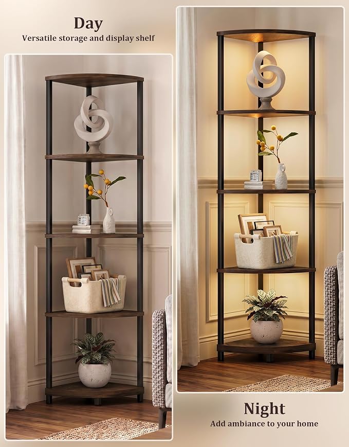 Corner Shelf with LED Light, 5 Tier Smart Color Changing Floor Lamp with Remote, 62" Display Shelf Bookshelf Narrow Storage Rack Standing Lamp for Living Room Bedroom Home Office Decor, Brown