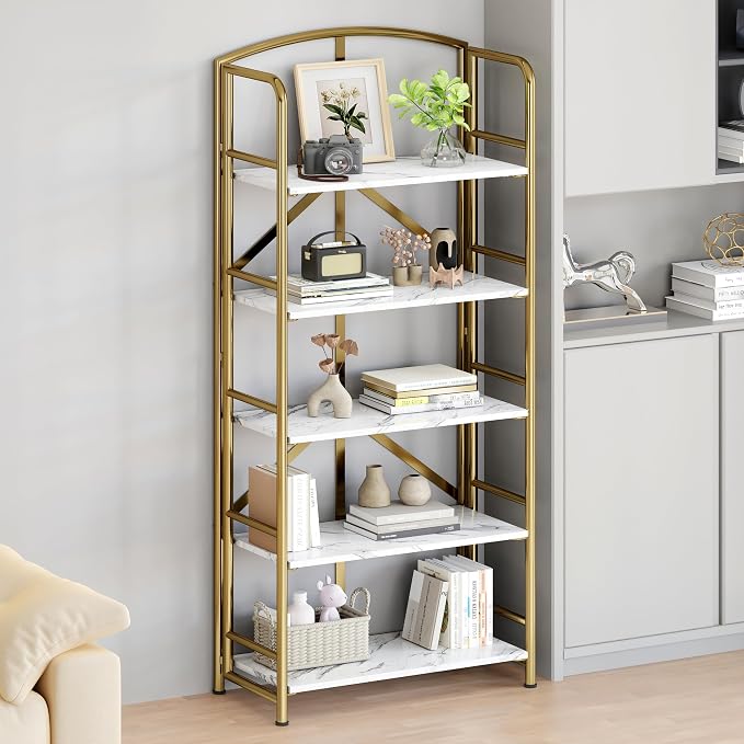No Assembly,Gold Folding Bookshelf 5 Tiers, Vintage Storage Rack,Brown&Gold | Bookcase Vintage Multifunctional Plant Flower Stand, Storage Shelves Organizer for Home Office,Living Room,Dorm
